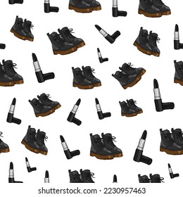 seamless pattern. painted black shoes and black lipstick. cartoon sketch on a white background