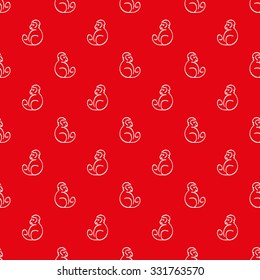 Seamless pattern painted by hand, with the image of a monkey - the symbol of the new year. It can be used as wrapping paper. White monkey figure on a red background.