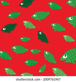 Seamless pattern with painted colorful fishes. Can be used for wallpaper, textiles, packaging, cards, covers. Small colorful fish on a red  background.