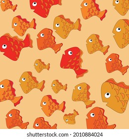 Seamless pattern with painted colorful fishes. Can be used for wallpaper, textiles, packaging, cards, covers. Small colorful fish on a orange background.