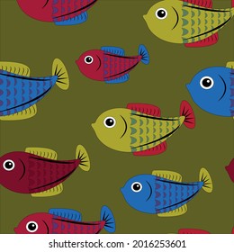 Patrón sin foco con peces pintados de colores. Se puede usar para papel pintado, textiles, embalaje, tarjetas, cubiertas. Pequeño pez colorido sobre un fondo verde.