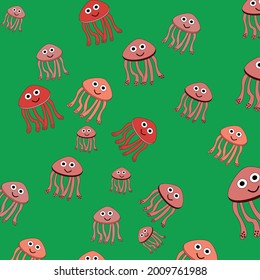 Seamless pattern with painted colorful jellyfish. Can be used for wallpaper, textiles, packaging, cards, covers. Small colorful jellyfish on a green background.