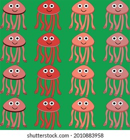 Seamless pattern with painted colorful jellyfish. Can be used for wallpaper, textiles, packaging, cards, covers. Small colorful jellyfish on a green background.