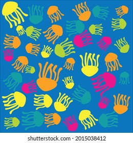 Seamless pattern with painted colorful jellyfish. Can be used for wallpaper, textiles, packaging, cards, covers. Small colorful jellyfish on a blue  background.