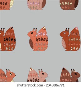 Seamless pattern with painted colorful squirrel . Can be used for wallpaper, textiles, packaging, cards, covers. Small cute animal on a gray  background.