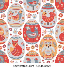 Seamless Pattern with Painted Easter Eggs. Scandinavian style. Folk Art. 