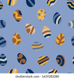 Seamless pattern with painted Easter eggs on light blue background. Flat vector illustration.