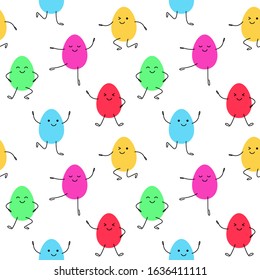 Seamless pattern of painted easter eggs with faces. Colored eggs have fun and dance. Vector isolated on white background