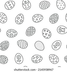 Seamless pattern with painted eggs. Black and white thin line icons