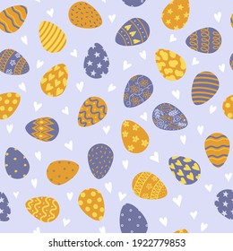 Nahtloses Muster mit bemalten Eiern und Herzen zu Ostern. Vektordesign perfekt für Stoff, Textilien, Wickelpapier, Tapete und Druck.