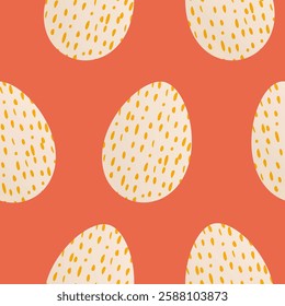 Seamless pattern with painted eggs on red background. Minimalistic charming pattern for Easter. Celebration of Christian holiday. Warm cozy drawing. Vector illustration.