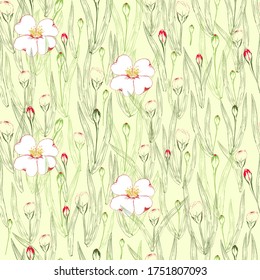 Seamless pattern with painted flowers on a pale yellow background, doodle style, vector, suitable for printing on fabric, paper, covers, packages, cards, invitations.