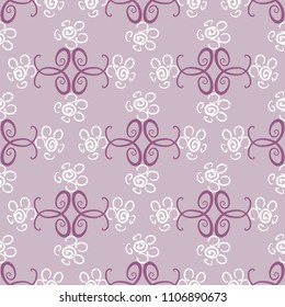 Seamless pattern with painted flowers and ornament. Purple background. Vector illustration.