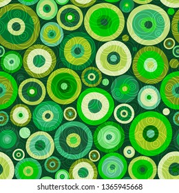 Seamless pattern with painted green polka dots and concentric circles on dark background. Vector image. Eps 10