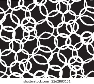 Seamless pattern with painted ink circles, grunge textured monochrome vector illustration. Stylish black and white background. Brush made abstract vector background. Hipster monochrome texture.