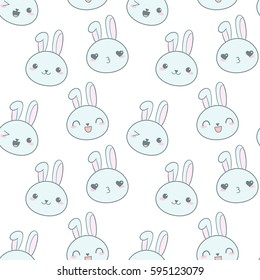 Seamless pattern with painted muzzles of kawai rabbits. Funny blue bunnies with emotions of happiness. Repetitive cute Kawaii hare faces