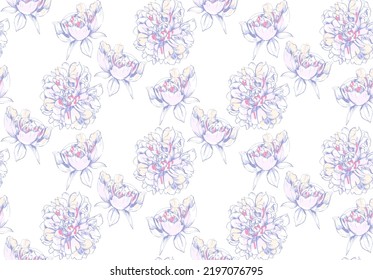 Seamless pattern of painted peonies. Faded pastel pinks, yellows, blues.