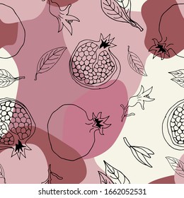 Seamless pattern of painted pomegranates, flowers, leaves on a spotty gentle background. Design for wallpaper, textile, wrapping paper, product packaging.