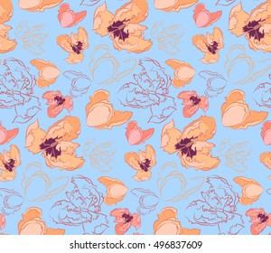 Seamless pattern of painted red fringed tulips. Vector illustration