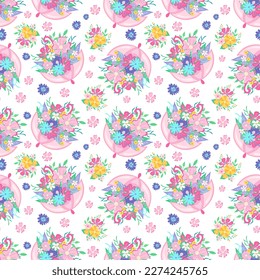 Seamless pattern of painted spring flowers in pink umbrellas on white background. Vector illustration of doodle. Design print, fabric, packaging, wrapping paper, greeting card, post, poster, wallpaper