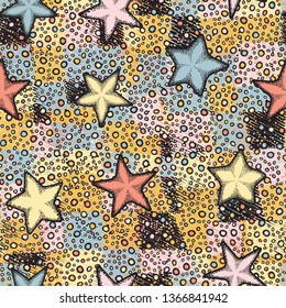 Seamless pattern. Painted starfish scattered over a multi-color background.