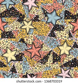 Seamless pattern. Painted starfish scattered over a multi-color background.