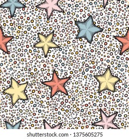 Seamless pattern. Painted starfish scattered over a multi-color background.