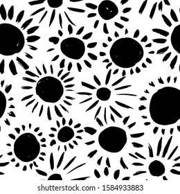 Seamless pattern with painted sun, flowers or circles. Vector hand drawn brush summer sun. Summer scribble and doodle elements. Circles with strokes, rays, dashes. Black ink illustration. 