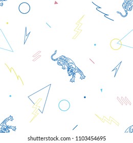 Seamless pattern with painted in tigers in minimal style.