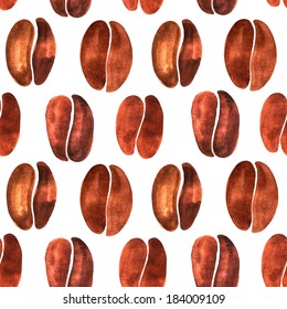 Seamless pattern with painted watercolor coffee beans. Vector illustration