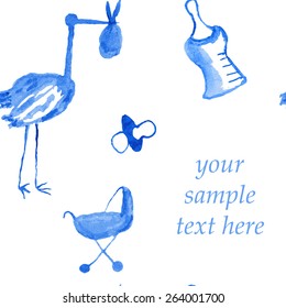 Seamless pattern painted in watercolor with space for your text on the subject of the child's birth