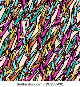 
Seamless pattern with painted willow leaves in different colors. Bright pattern for decorating fabrics, wrapping paper, wallpapers, covers, stickers, postcards, etc.