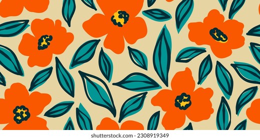 Seamless pattern painting flowers and leaves background vector. Wallpaper design with hand draw retro flowers, bouquets, leaves. Vintage botanical floral pattern, fabric, retro texture