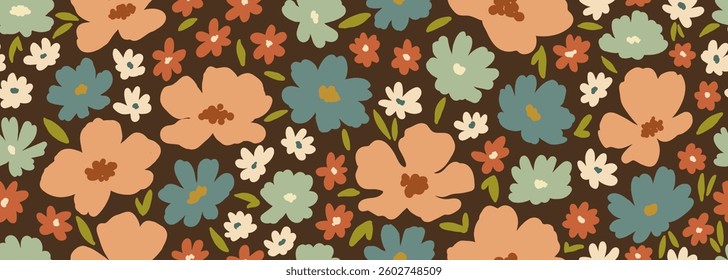 Seamless pattern painting flowers and leaves background vector. Wallpaper design with hand draw retro flowers, bouquets, leaves. Vintage botanical floral pattern, fabric, retro texture