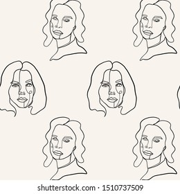 Seamless pattern with painting one line young woman or girl portrait face. 