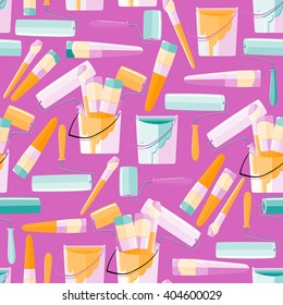 Seamless pattern with painting tools: brushes, rollers, buckets of paint. Vector illustration. All the elements are not cropped and hidden behind a mask.