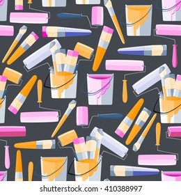Seamless pattern with painting tools: brushes, rollers, buckets of paint. Vector illustration. All the elements are not cropped and hidden behind a mask.
