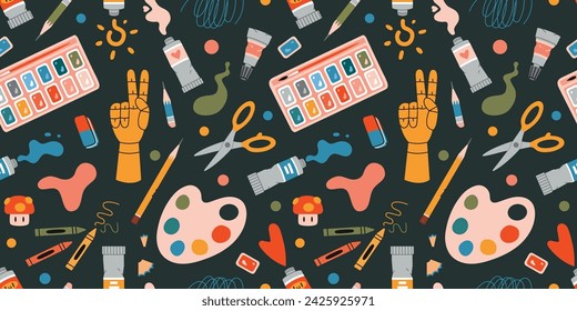 Seamless pattern with painting tools elements and art supplies like paint tubes, pencil and color palette. Isolated cartoon vector illustration on black background, hand drawn, flat design