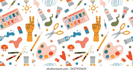 Seamless pattern with painting tools elements and art supplies like paint tubes, pencil and color palette. Isolated cartoon vector illustration on white background, hand drawn, flat design