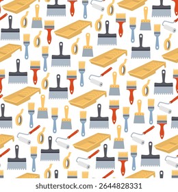 Seamless pattern with painting tools including brushes, paint trays, rollers, masking tape, and scrapers. Hand drawn flat style illustration for for textile prints, wrapping paper, repairing projects