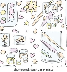 Seamless pattern. Paints and pictures, brushes and album, star, drop and heart.