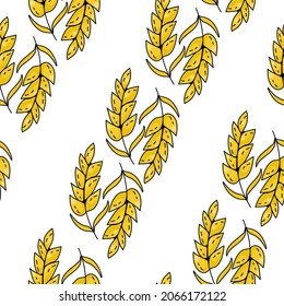 Seamless pattern of a pair of bright yellow spikelets arranged in diagonal rows on a white background vector illustration