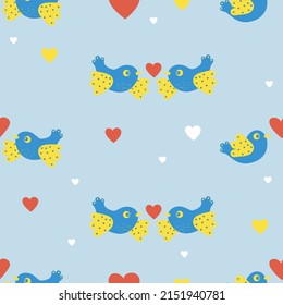 Seamless pattern with pair of decorative birds with heart on light blue background. Vector illustration for decor, design, decoration, printing, textile and packaging, wallpaper