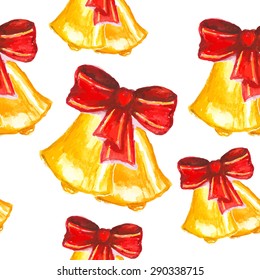 Seamless pattern of a pair golden bells decorated with red bow. Suitable for backgrounds, packaging, postcards. Painted in watercolor