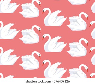 Seamless pattern with a pair of lovers swans on a pink background. Vector texture for your creativity