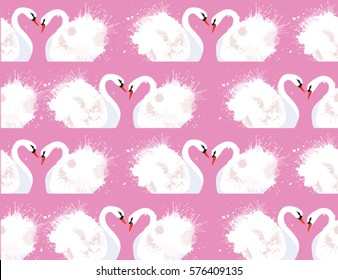 Seamless pattern with a pair of lovers swans and watercolor splashes on a pink background. Vector texture for your creativity