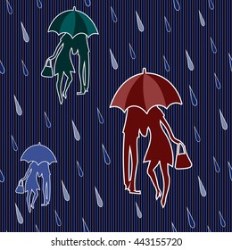 Seamless pattern with pair of lovers under an umbrella during a rain. Silhouettes. Striped background.