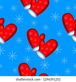 Seamless pattern of a pair of red mittens and white snowflakes isolated by blue background.
