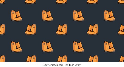 Seamless pattern with pair of rubber boots for rainy weather doodle vector