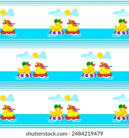Seamless pattern with a pair of rubber ducks floating on inflatable circles on a striped background. Characters in sunglasses and hat, cap. Vector Illustration.
